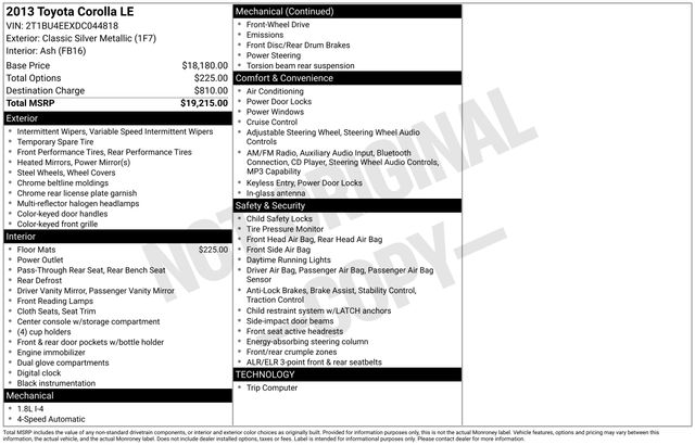 Classic Silver Metallic 2013 Toyota Corolla LE Sedan Front-Wheel Drive 4-Speed Automatic