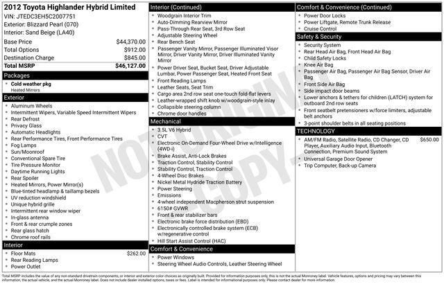 White (Blizzard Pearl) 2012 Toyota Highlander Hybrid Limited SUV / Crossover All-Wheel Drive Continuously Variable Transmission