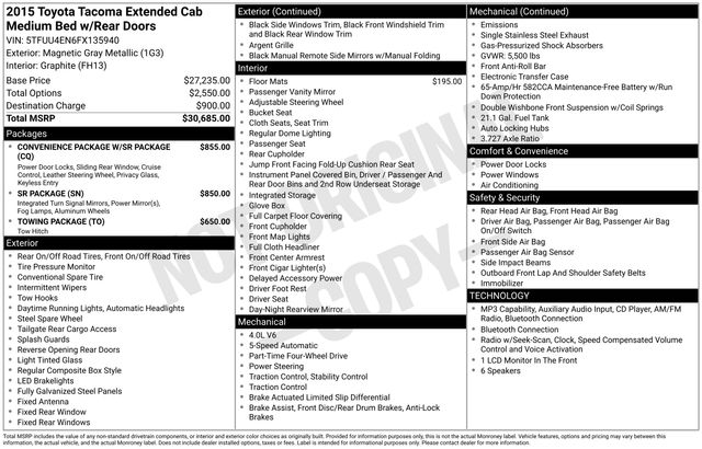 Magnetic Gray Metallic 2015 Toyota Tacoma Pickup Truck Four-Wheel Drive 5-Speed Automatic