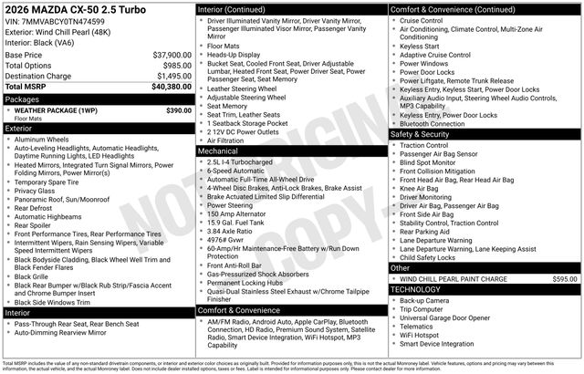 White (Wind Chill Pearl) 2026 Mazda CX-50 2.5 Turbo AWD SUV / Crossover All-Wheel Drive 6-Speed Automatic