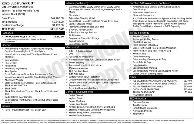 Ice Silver Metallic 2025 Subaru WRX GT AWD Sedan All-Wheel Drive Continuously Variable Transmission