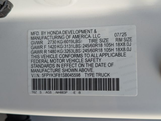 2025 White Honda Ridgeline Black Edition AWD Truck