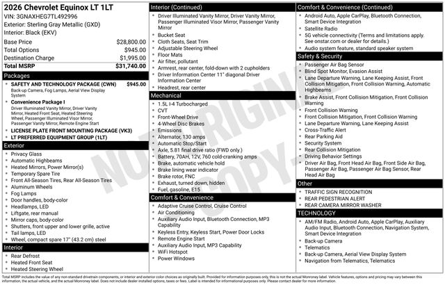 Sterling Gray Metallic 2026 Chevrolet Equinox LT FWD SUV / Crossover Front-Wheel Drive Continuously Variable Transmission