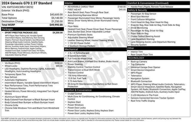 Vik Black 2024 Genesis G70 Sedan 8-Speed Automatic