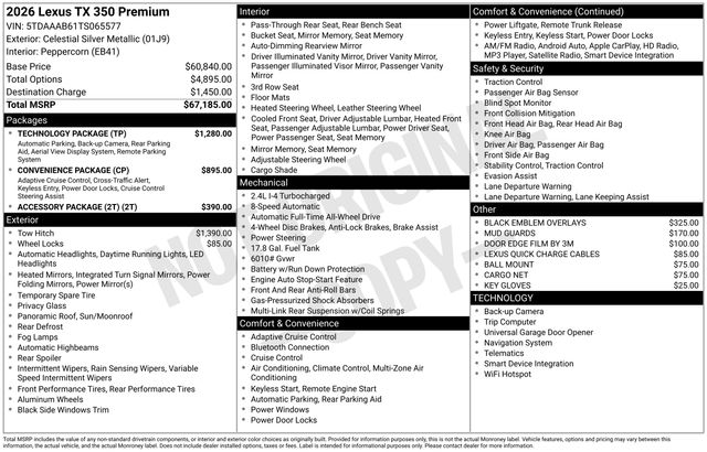 Celestial Silver 2026 Lexus TX 350 Premium AWD SUV / Crossover All-Wheel Drive 8-Speed Automatic