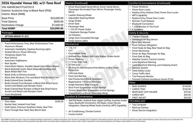 Ecotronic Gray/Black Roof 2026 Hyundai Venue SEL FWD SUV / Crossover Front-Wheel Drive Continuously Variable Transmission
