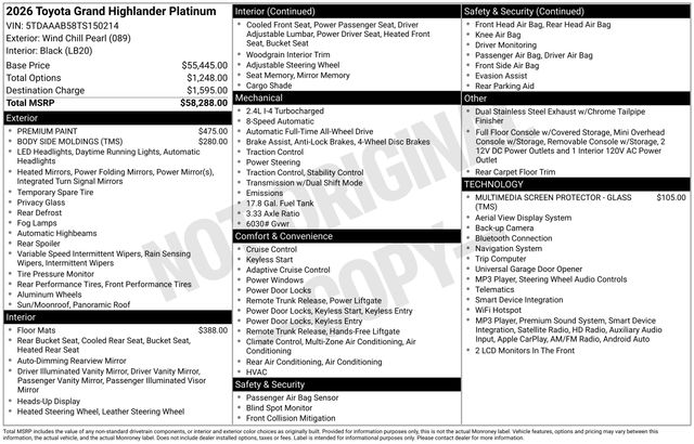 White (Wind Chill Pearl) 2026 Toyota Grand Highlander SUV / Crossover All-Wheel Drive 8-Speed Automatic