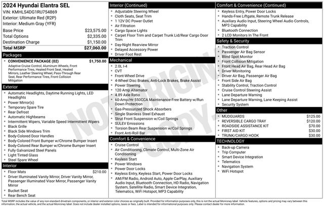 Red 2024 Hyundai Elantra Sedan Front-Wheel Drive Continuously Variable Transmission