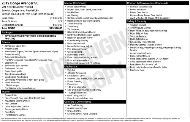 Copperhead Pearlcoat 2012 Dodge Avenger Sedan Front-Wheel Drive 4-Speed Automatic
