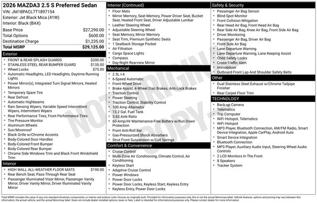 Jet Black Mica 2026 Mazda MAZDA3 Sedan Front-Wheel Drive 6-Speed Automatic