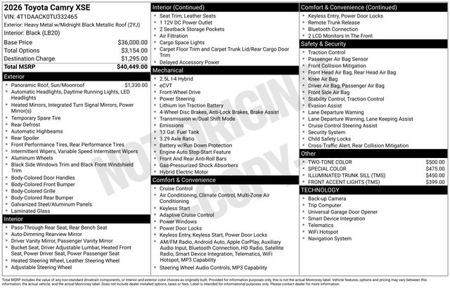 Midnight Black Metallic 2026 Toyota Camry Sedan Front-Wheel Drive Continuously Variable Transmission