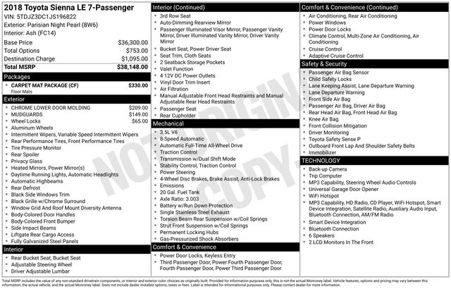 Parisian Night Pearl 2018 Toyota Sienna Minivan All-Wheel Drive 8-Speed Automatic
