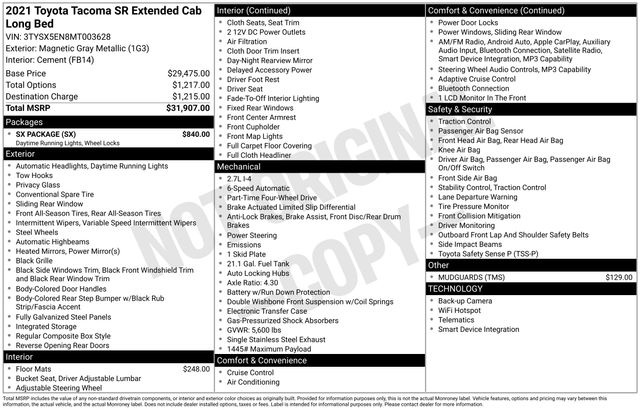 used 2021 Toyota Tacoma car, priced at $28,999