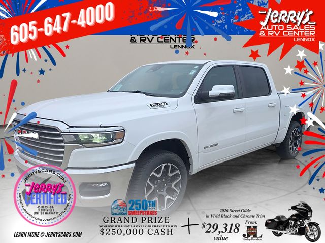 Bright White Clearcoat 2025 RAM 1500 Laramie Crew Cab 4WD Pickup Truck Four-Wheel Drive 8-Speed Automatic