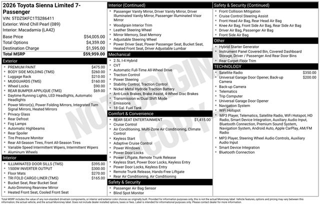 White (Wind Chill Pearl) 2026 Toyota Sienna Minivan All-Wheel Drive Continuously Variable Transmission