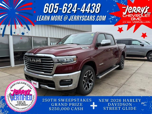 Delmonico Red Pearlcoat 2025 RAM 1500 Laramie Crew Cab 4WD Pickup Truck Four-Wheel Drive 8-Speed Automatic