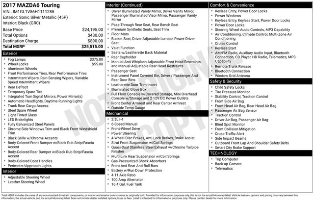 Sonic Silver Metallic 2017 Mazda MAZDA6 Touring Sedan FWD Sedan Front-Wheel Drive 6-Speed Manual