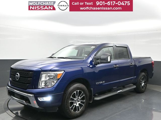 Deep Blue Pearl Metallic 2022 Nissan Titan SV Crew Cab 4WD Pickup Truck Four-Wheel Drive 9-Speed Automatic