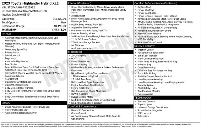 Celestial Silver Metallic 2023 Toyota Highlander Hybrid XLE FWD SUV / Crossover Front-Wheel Drive Continuously Variable Transmission