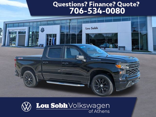 Black 2023 Chevrolet Silverado 1500 Custom Crew Cab 4WD Pickup Truck Four-Wheel Drive 8-Speed Automatic