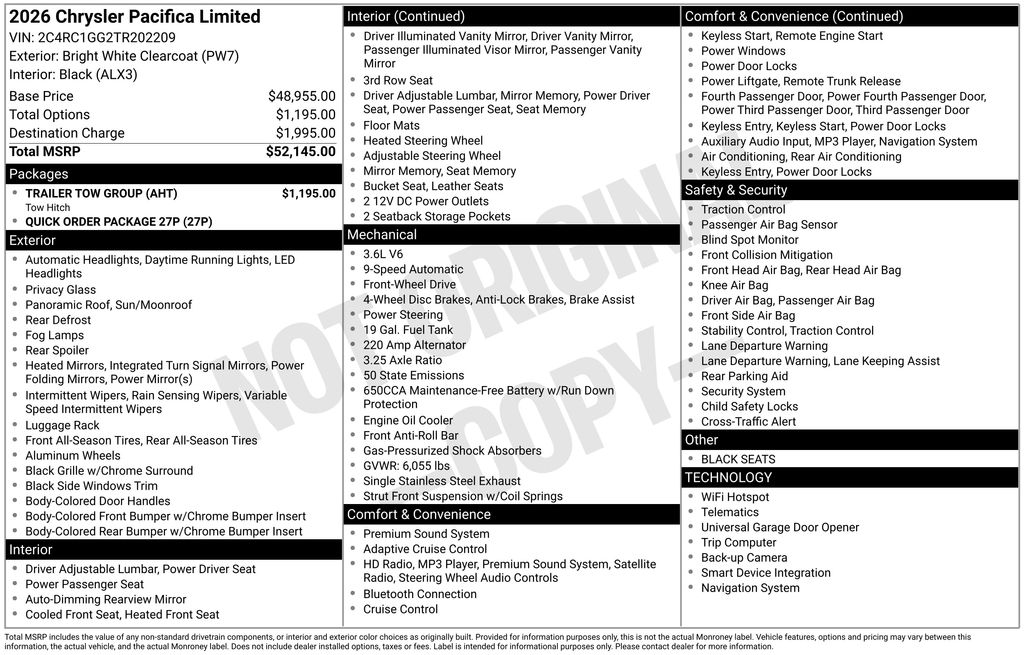 new 2026 Chrysler Pacifica car, priced at $48,645
