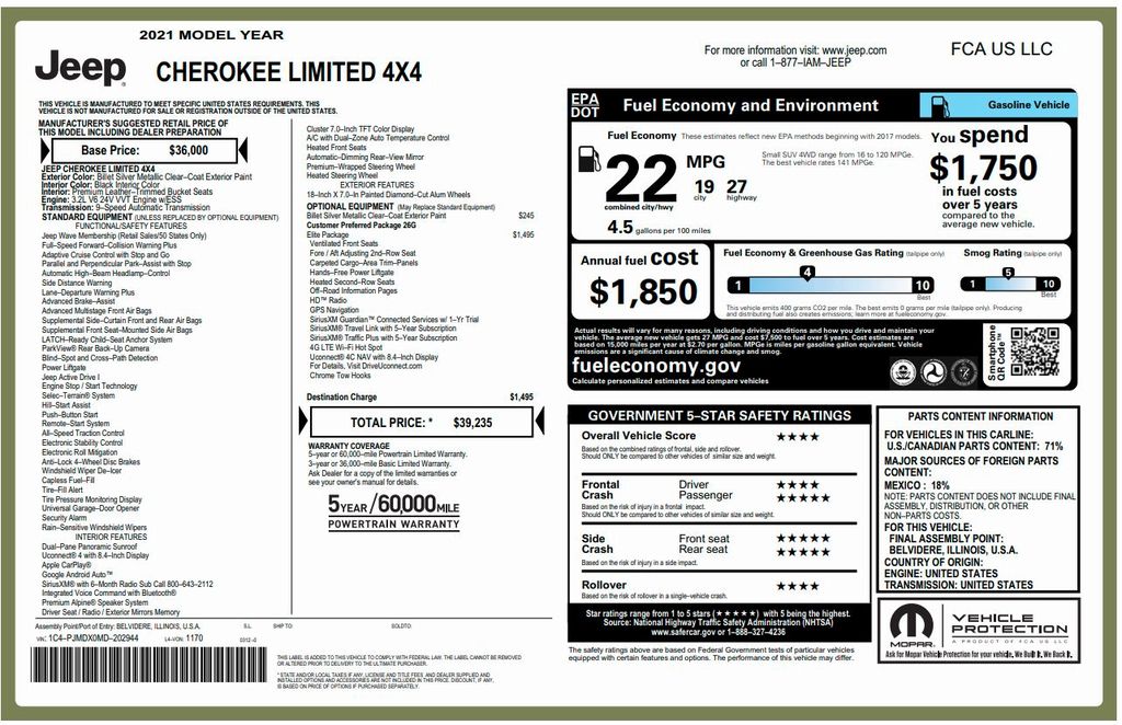 used 2021 Jeep Cherokee car, priced at $21,000