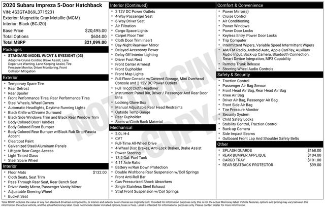 used 2020 Subaru Impreza car, priced at $16,165