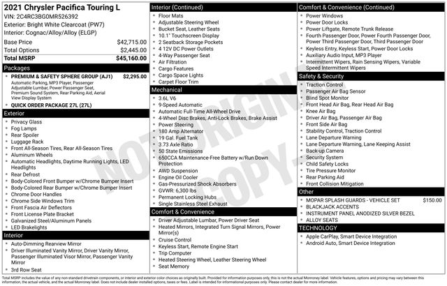 used 2021 Chrysler Pacifica car, priced at $32,699